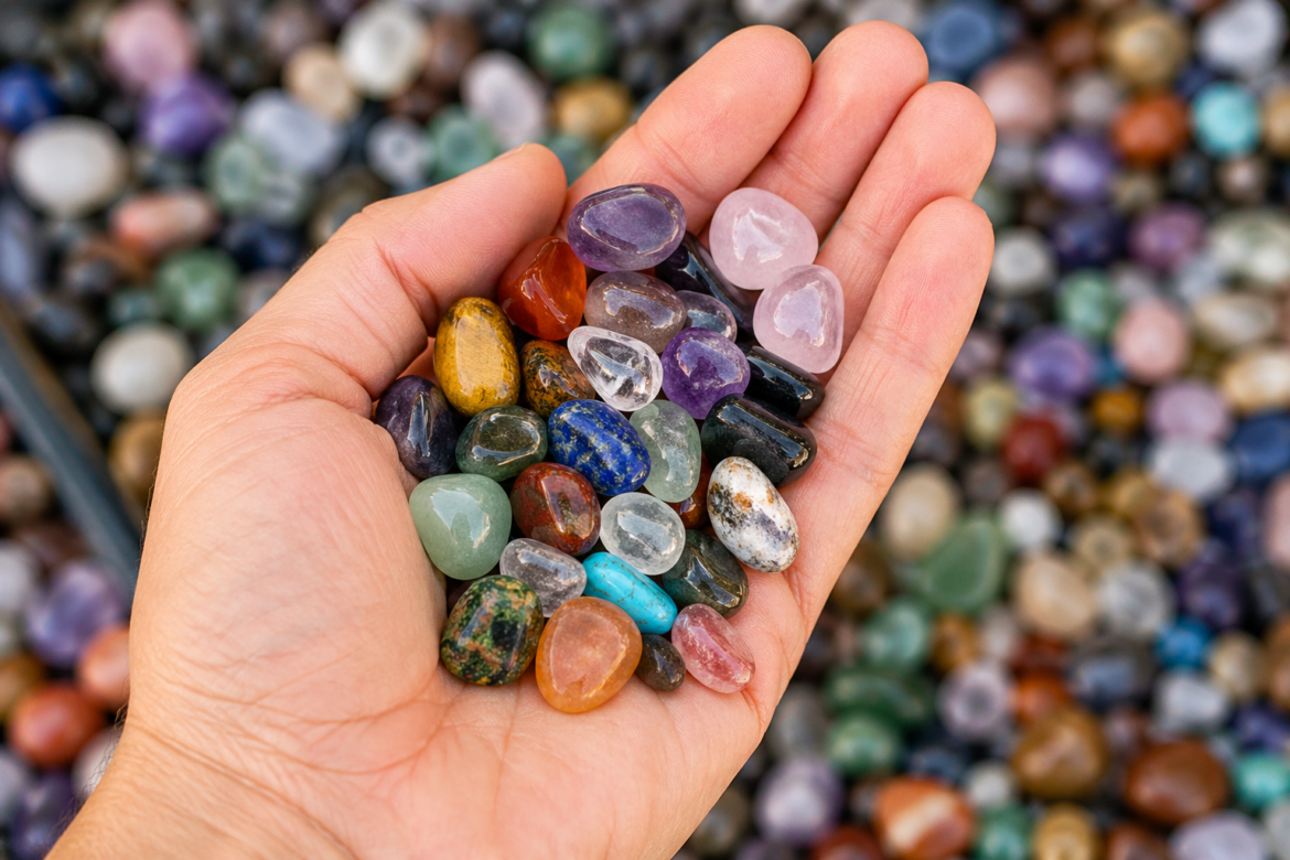 Hand holding colorful tumbled stones at the Tucson Gem Show