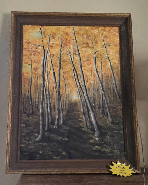 Original aspen forest painting with golden autumn leaves and a woodland trail in a rustic wooden frame.