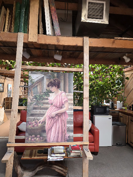 Classical figurative painting displayed in an artist loft studio at Artifacts 302.