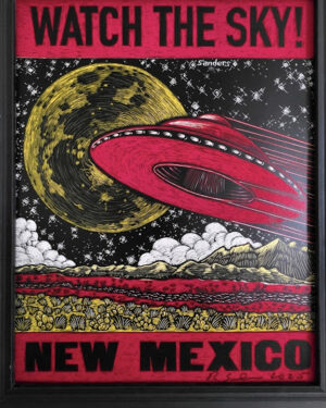 Signed Watch the Sky New Mexico UFO art print featuring a red flying saucer over a desert landscape