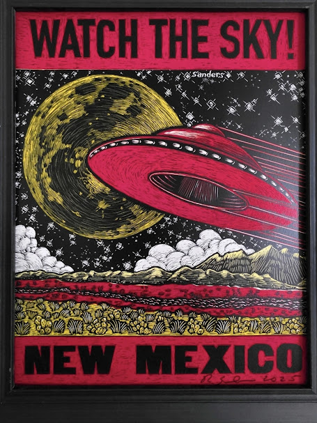Red NM UFO Print Front on Signed Watch the Sky New Mexico UFO art print featuring a red flying saucer over a desert landscape