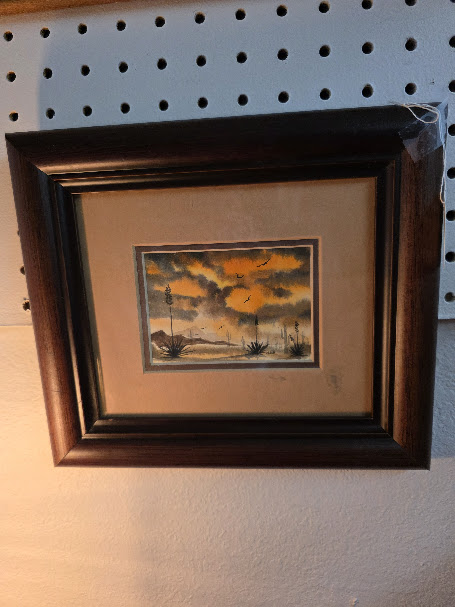 Original Southwest landscape painting featuring yucca plants and a desert sunset.
