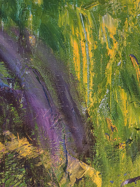 Close-up of thick brushstrokes and palette knife texture on an original acrylic painting.