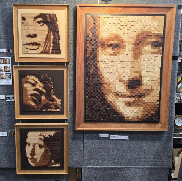 Intricate mosaic wood portraits handcrafted from hundreds of wood pieces at the Ruidoso Art & Wine Festival.